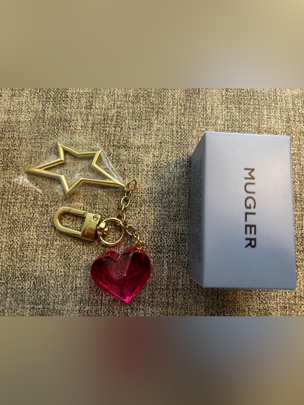 Mugler Gold-Tone Keychain with pink Heart and Star Charms NEW